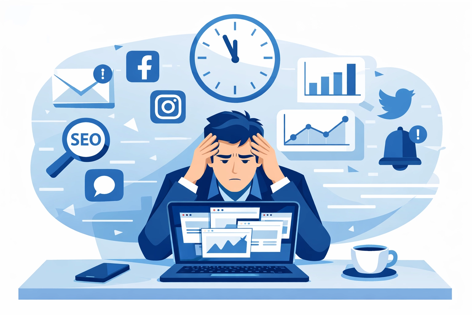 Business owner overwhelmed by DIY digital marketing tasks and multiple tools