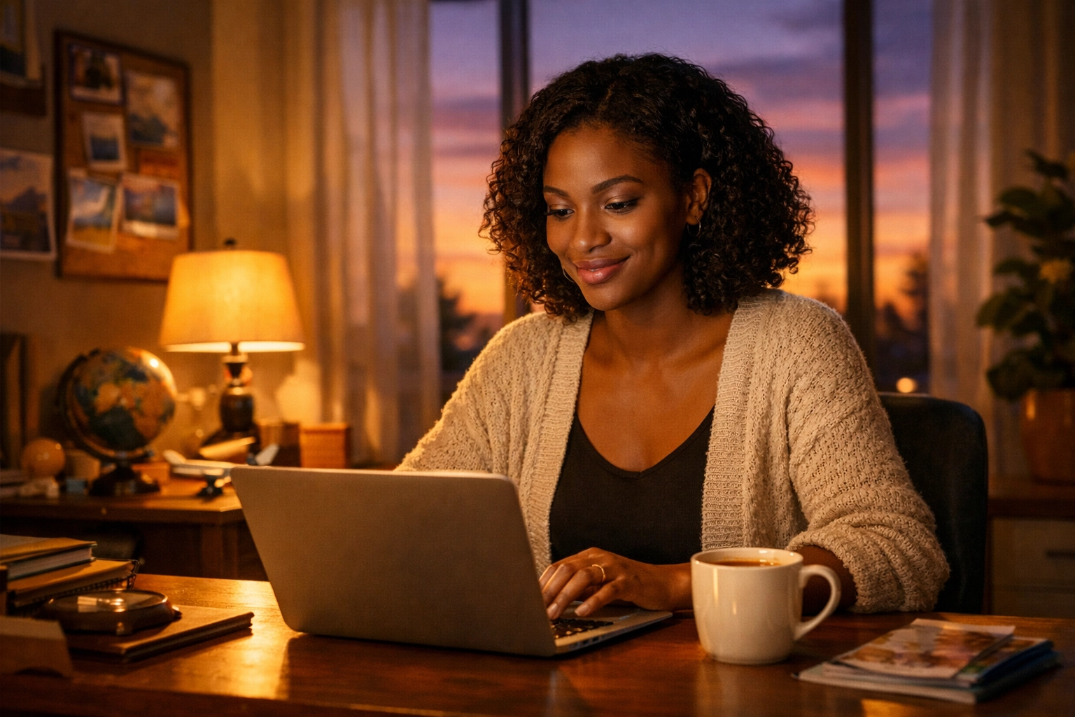 Travel agent working on honeymoon packages during evening routine at home office