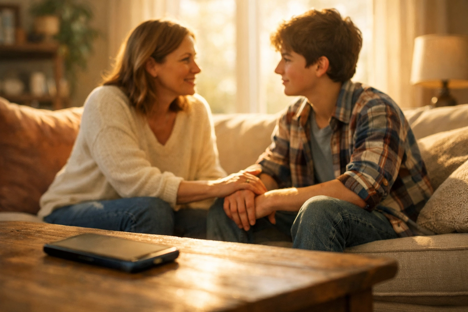 A parent and teenager sharing a meaningful conversation in a sunlit living room.