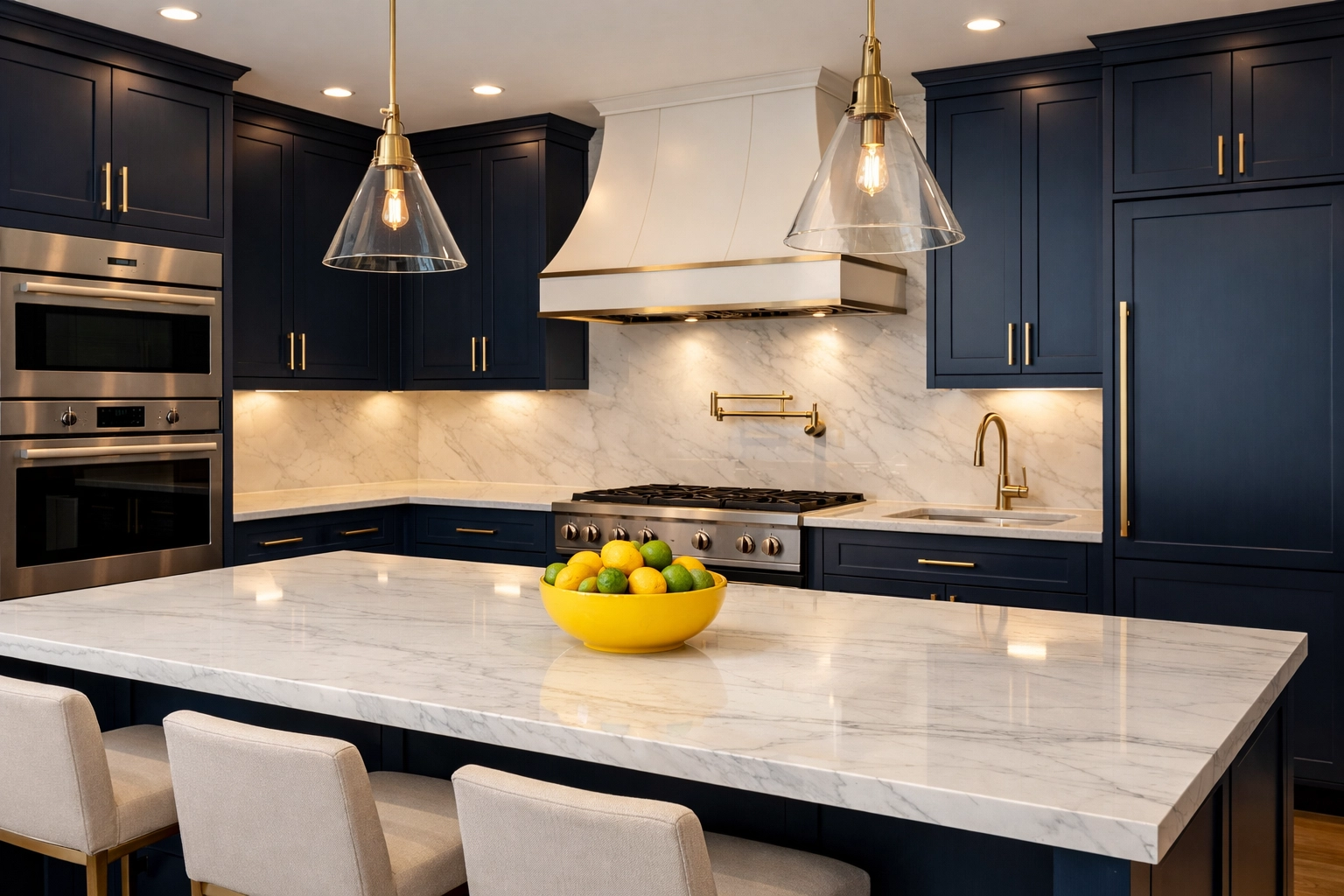 Streak-free marble countertops in a modern MetroWest kitchen following a professional house deep cleaning.