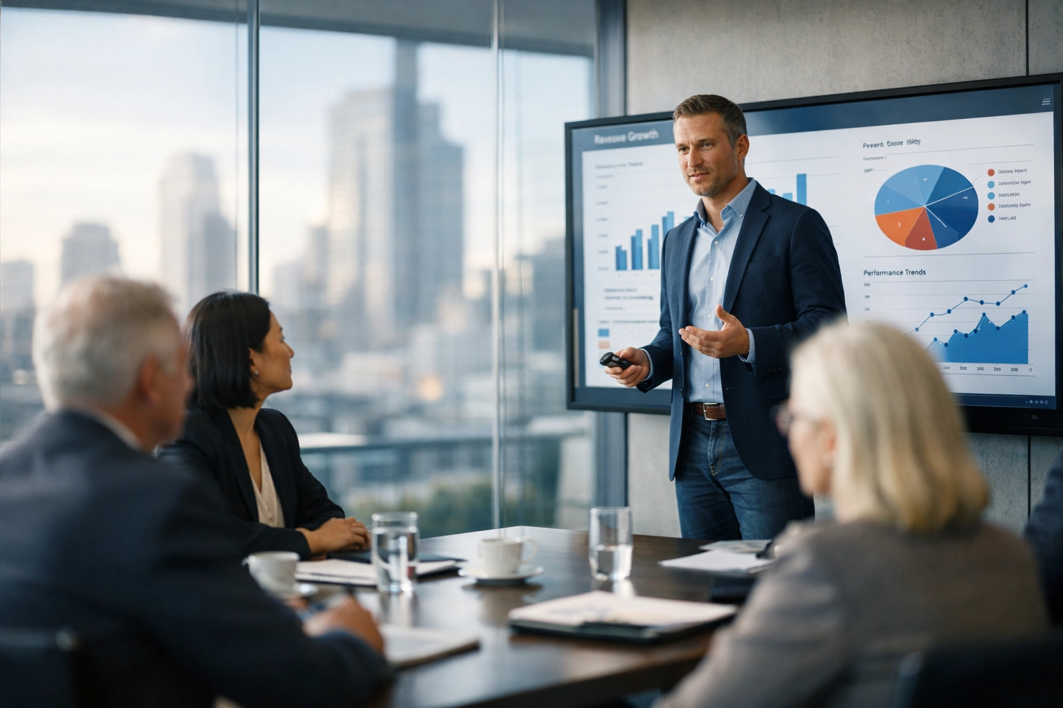 ServiceNow implementation partner leading a strategic data-driven meeting about ITOM ROI and business transformation.