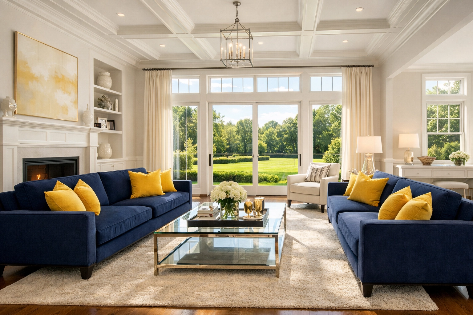Spotless Wellesley living room with blue seating after a professional weekly house cleaning service.