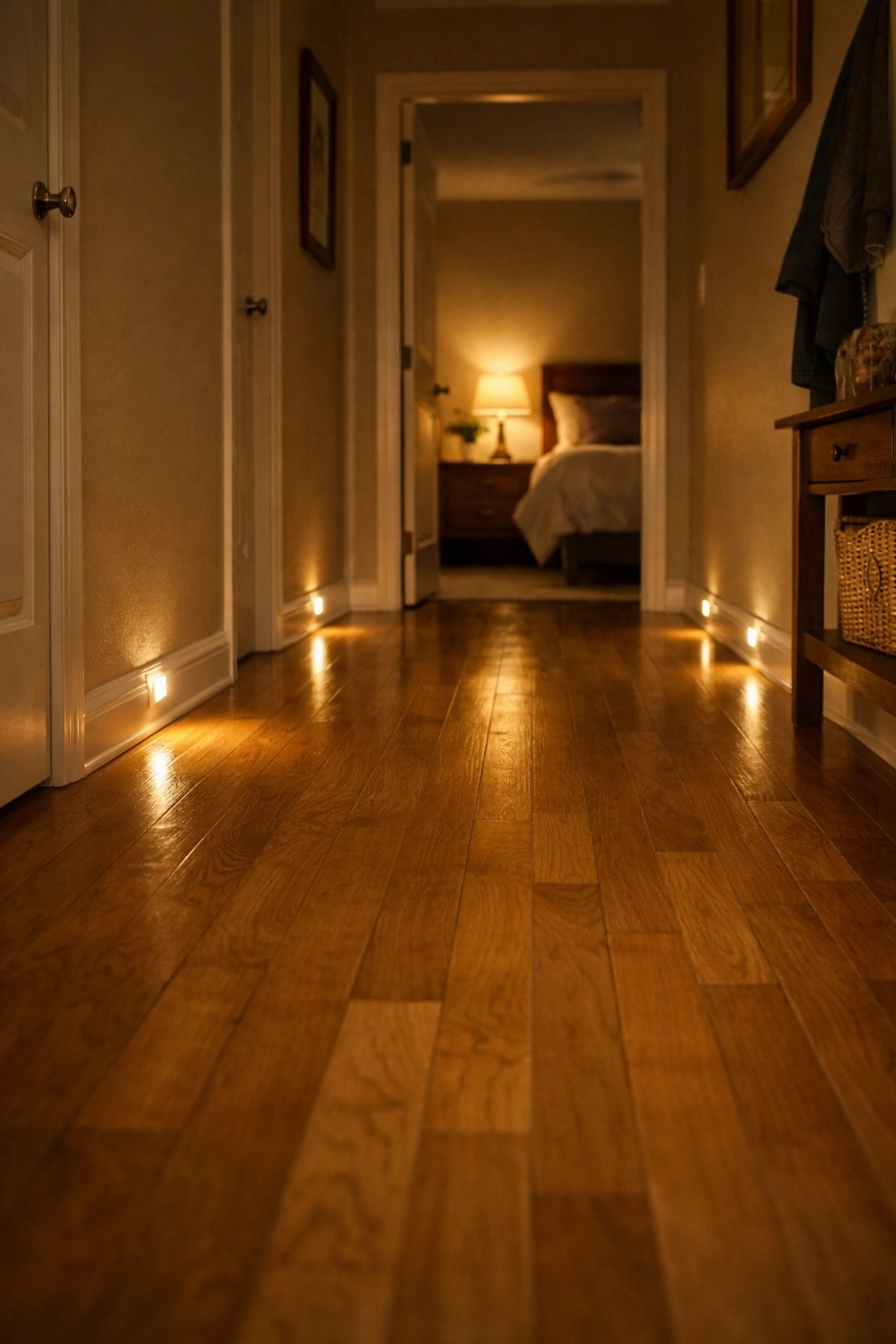 Motion-activated LED baseboard lights illuminating a hallway for senior home safety at night.