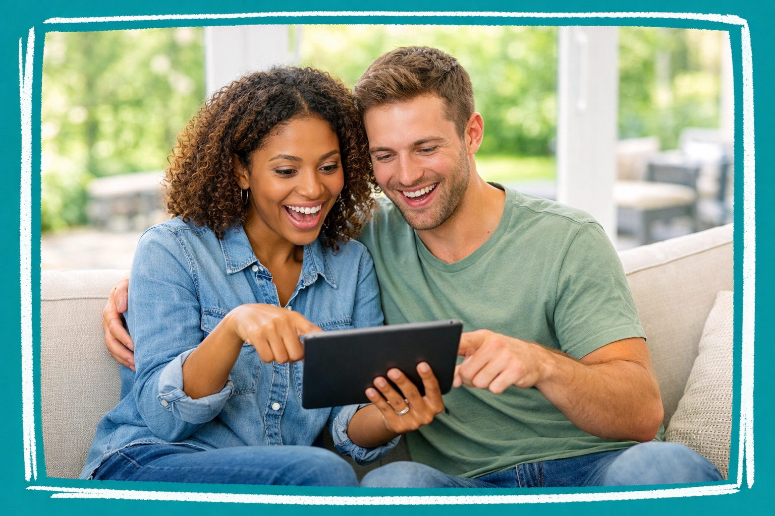 A young couple exploring Connecticut real estate listings on a tablet to find a better lifestyle fit.