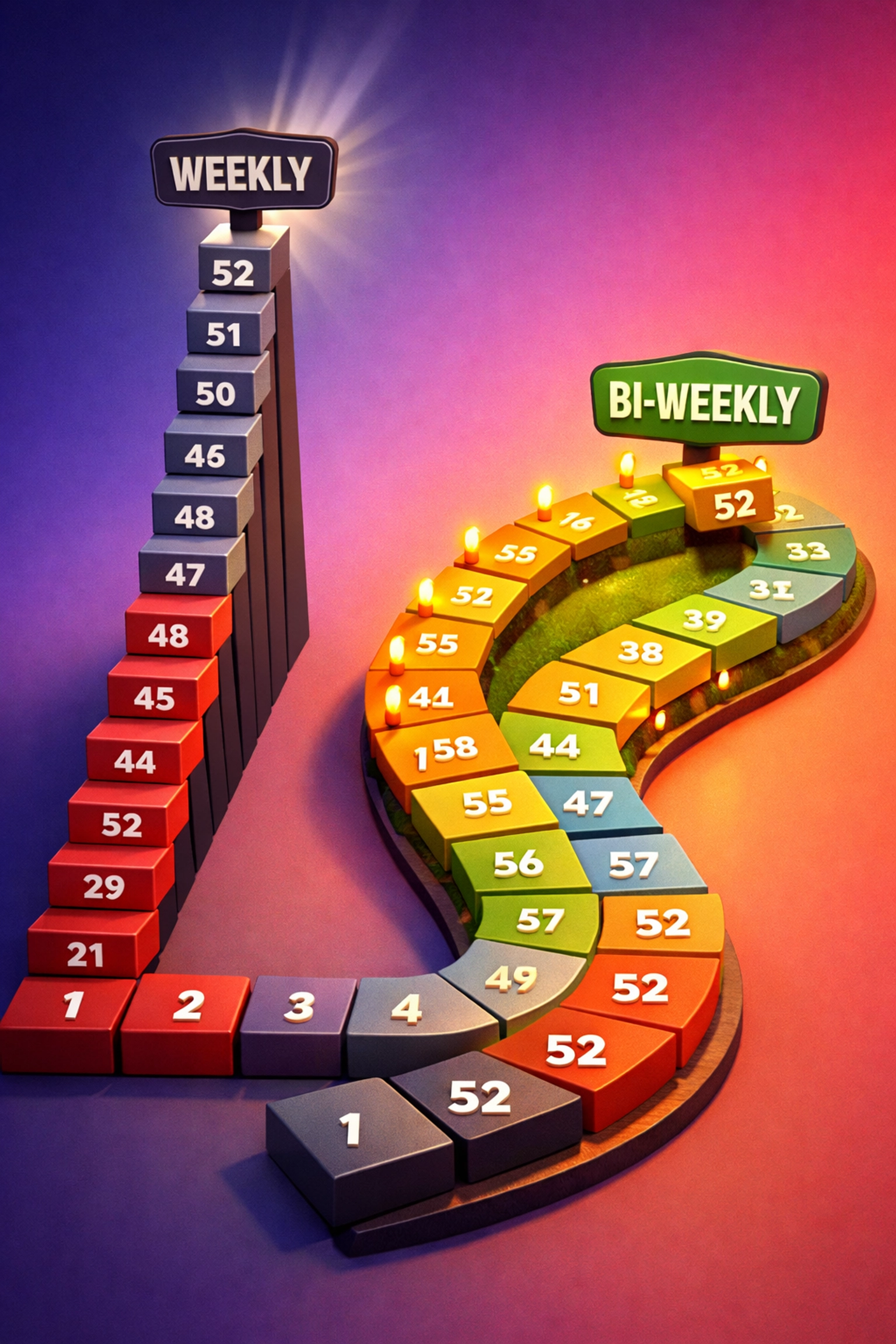 Two podcast publishing paths: steep weekly route versus sustainable bi-weekly schedule