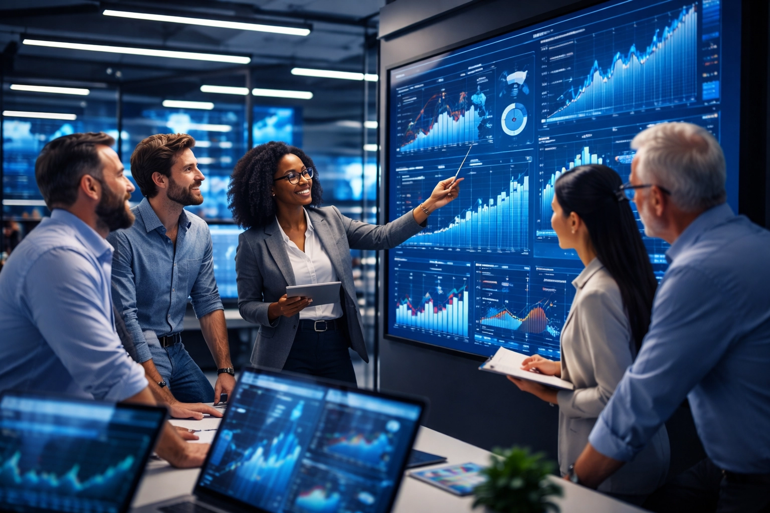 Diverse financial consultants reviewing data charts in a high-tech workspace for media industry strategy