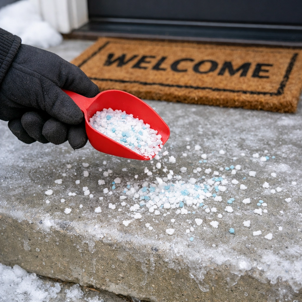 Spreading ice melt salt on icy front steps to prevent winter slips and falls