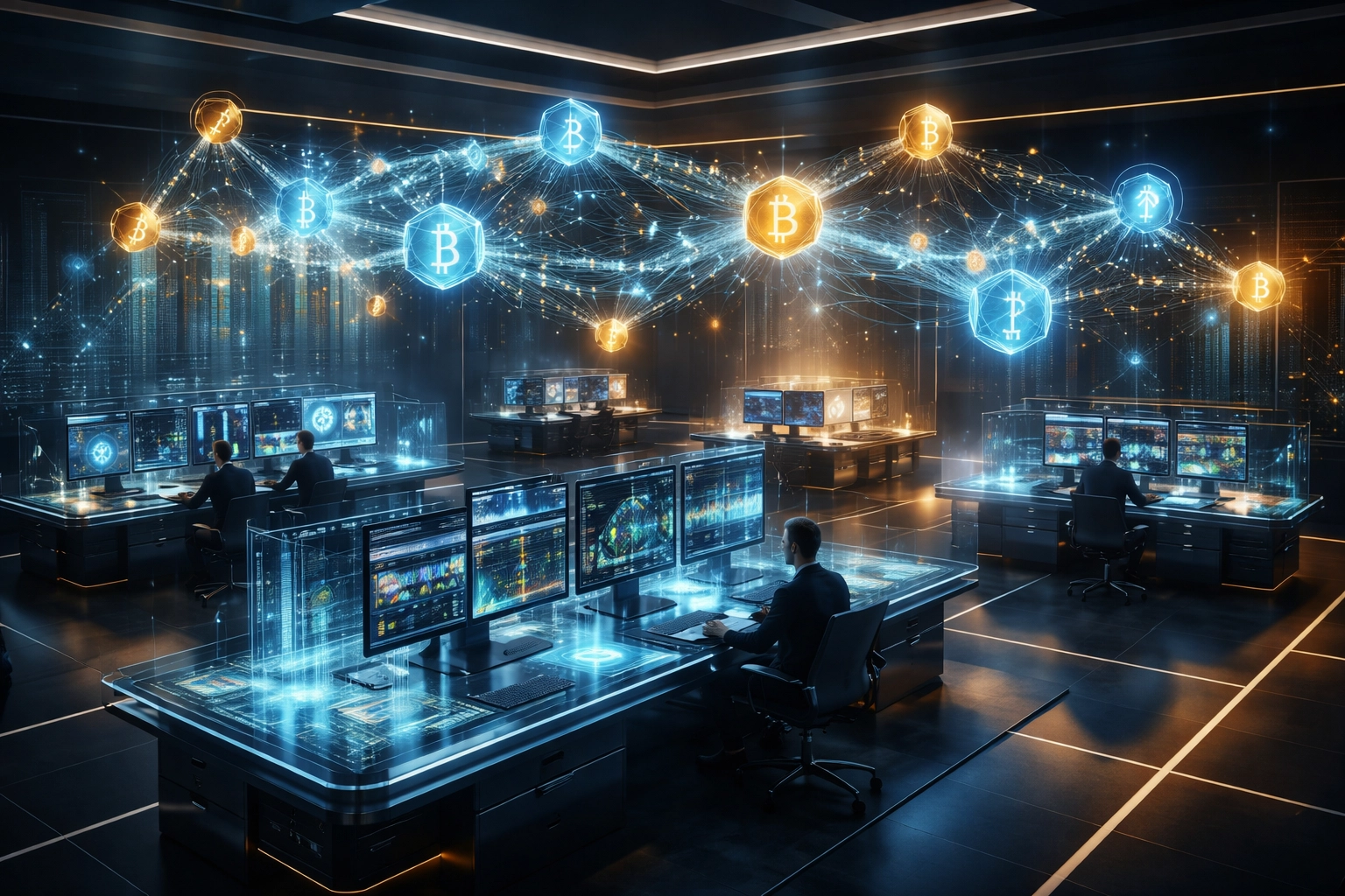 Futuristic trading floor illustrating blockchain networks and digital tokens in institutional finance