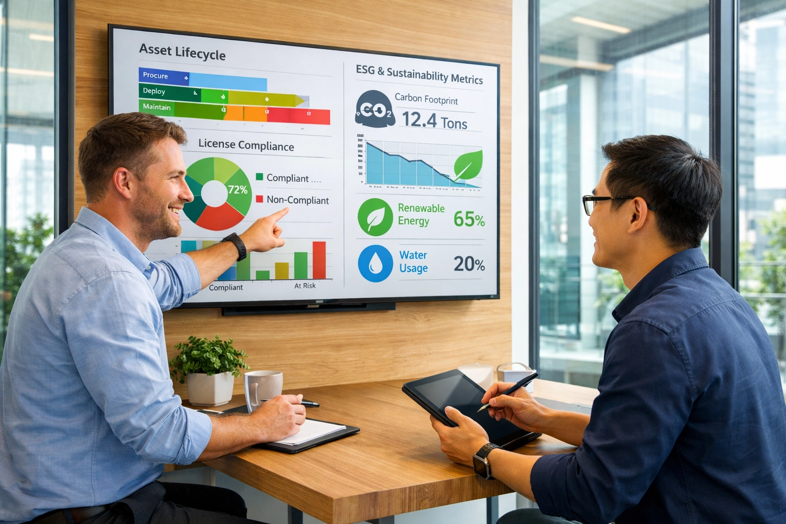 IT professionals analyzing ServiceNow ITAM asset lifecycle and ESG compliance reporting dashboards