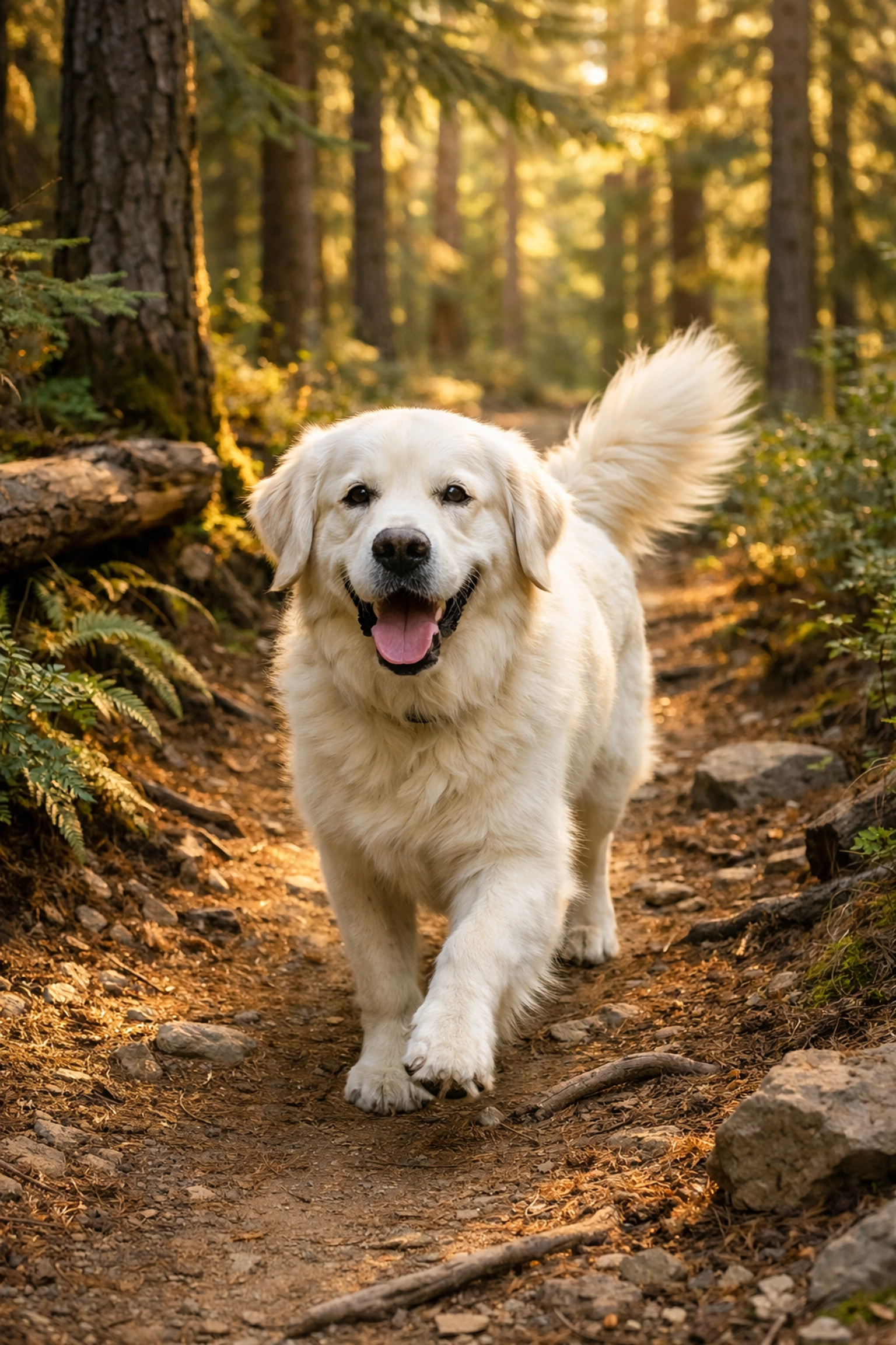 Active English Cream Golden Retriever on a PNW trail, highlighting high health standards from an Oregon breeder.
