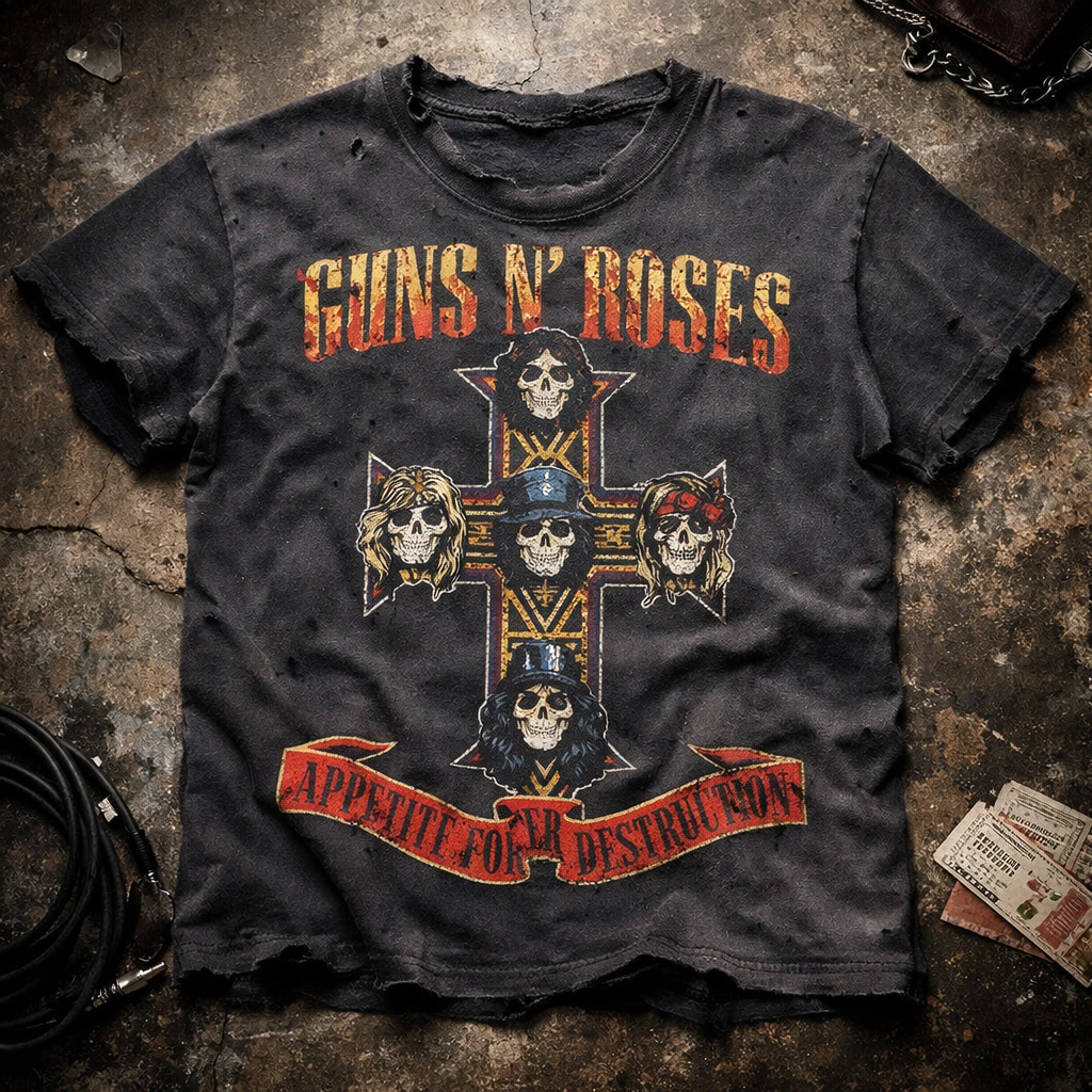 Thrashed vintage 90s rock t-shirt with distressed holes and a faded graphic for vintage collectors.