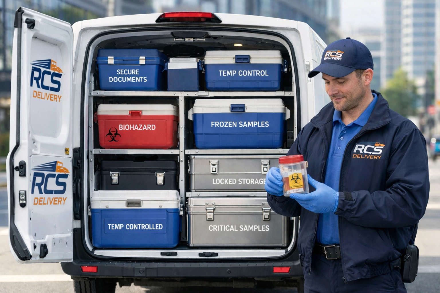 Professional courier handling secure medical specimen container in organized delivery van
