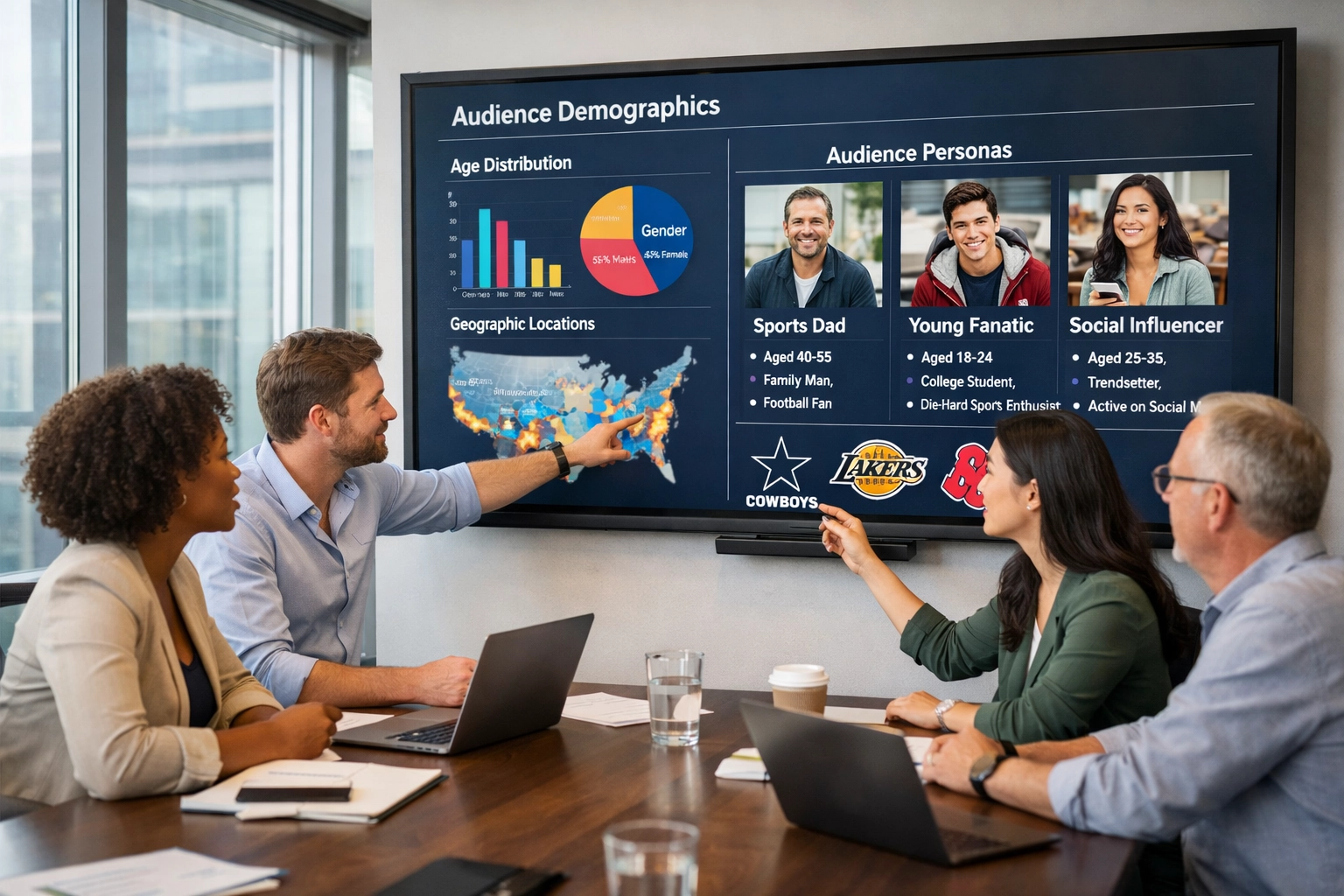 Marketing team analyzing sports audience data and demographics for partnership strategy alignment