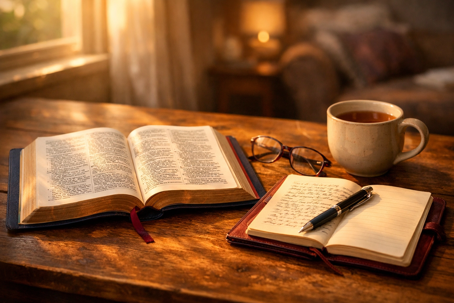 Open Bible with journal and tea on table in morning light for quiet Scripture reflection