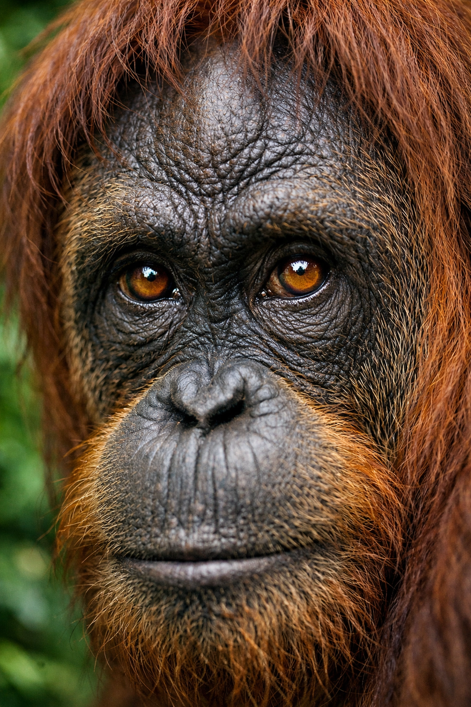 Close-up eye-level portrait of a Sumatran orangutan showing professional zoo photography techniques.