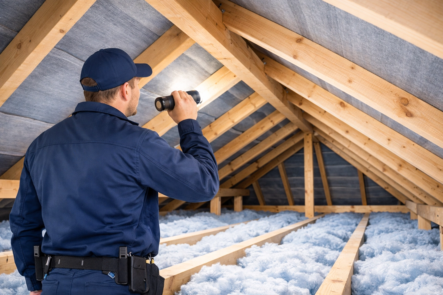 Professional roof survey in Northern Ireland showing a specialist inspecting attic rafters and internal roof structure.