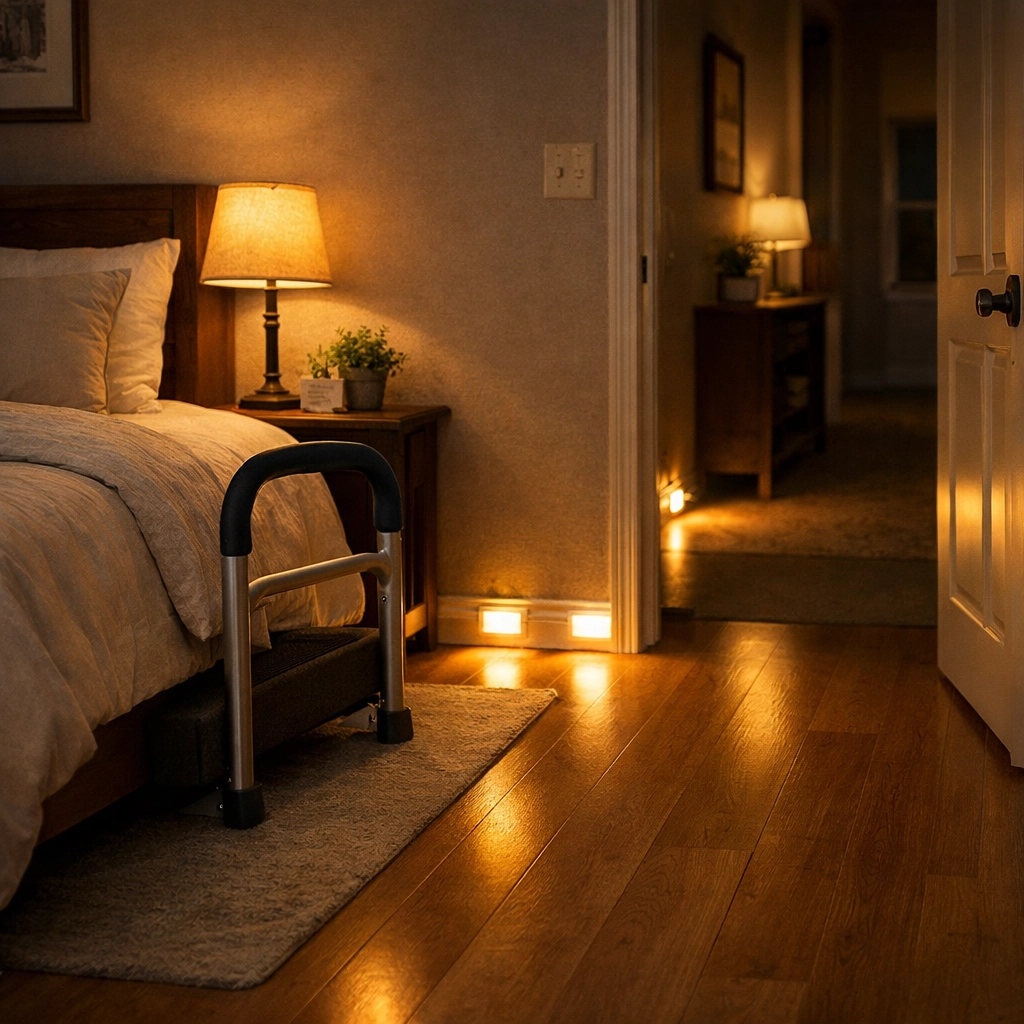 Motion-activated nightlights illuminating a bedroom floor path next to a bed with a safety assist rail.