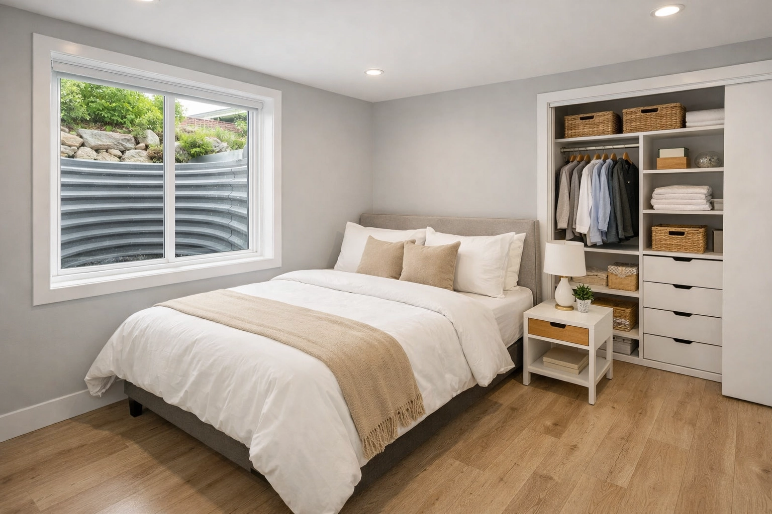 Finished basement suite bedroom in Vancouver with egress window and modern finishes