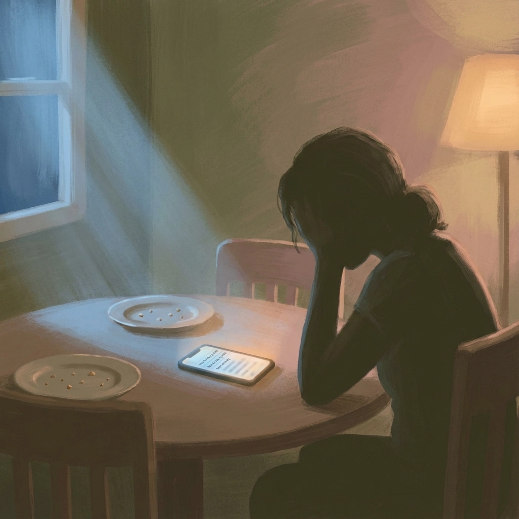 Person with head in hand at a table with two empty plates and a glowing phone. Dim room lit by a lamp, somber mood.