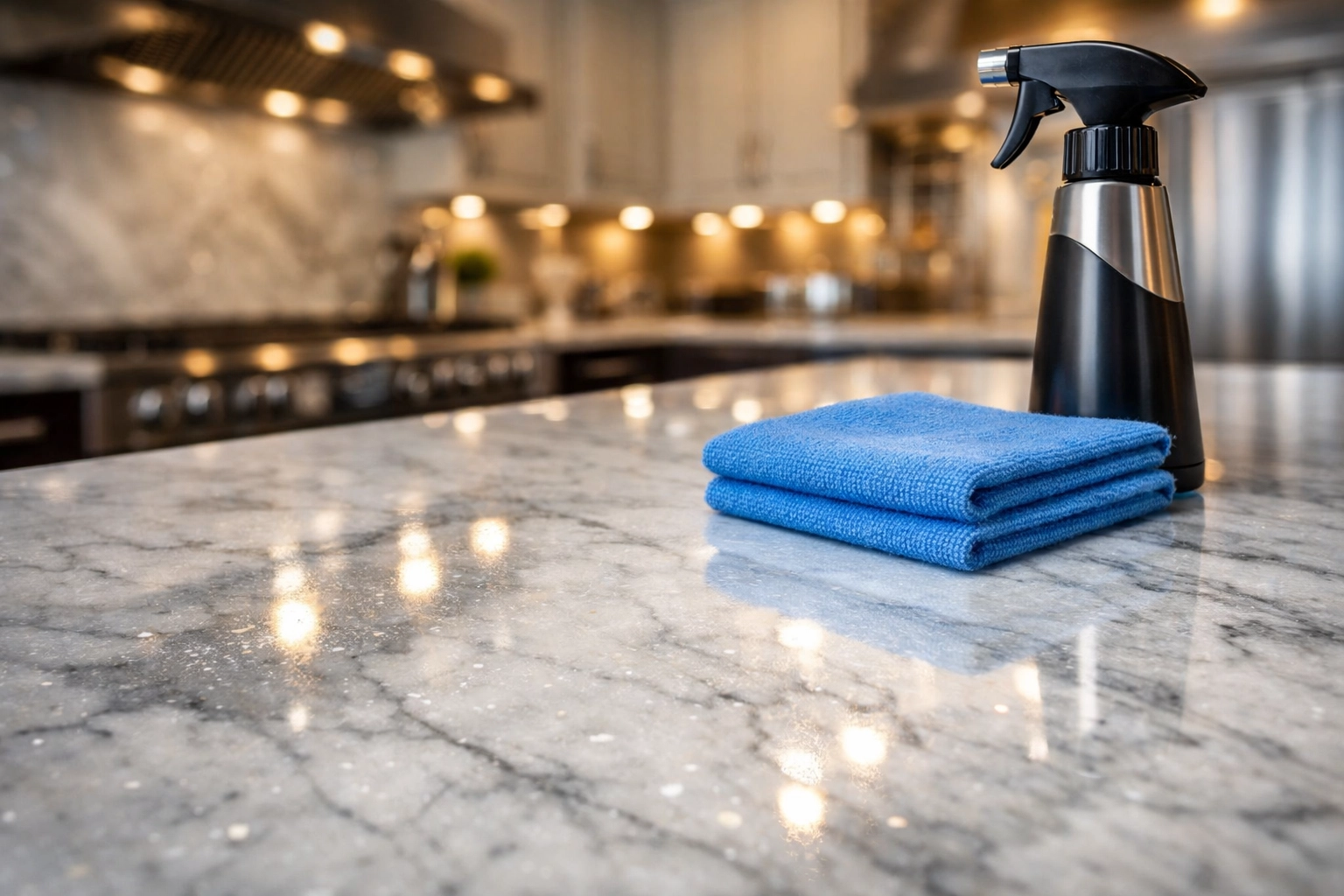 Polished marble kitchen counter representing professional house cleaning standards for families in Holliston.