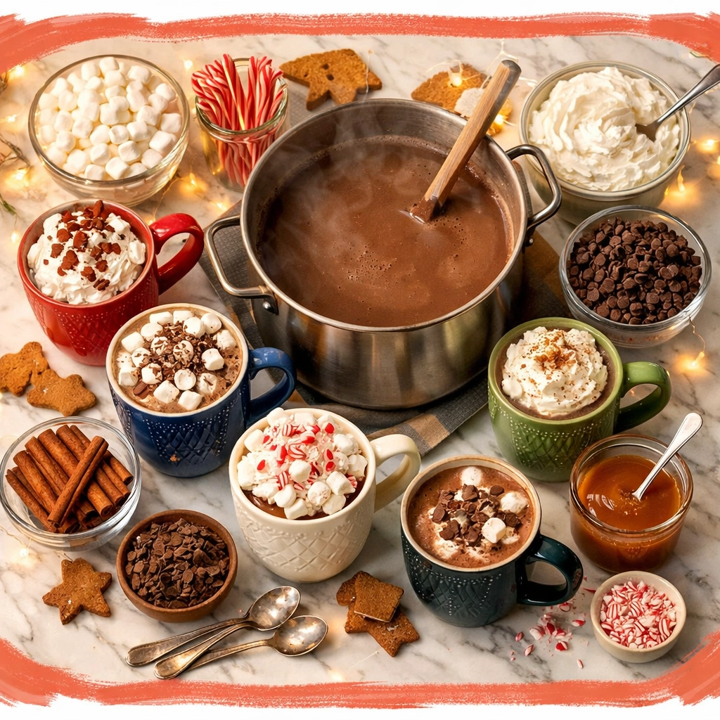 DIY hot chocolate bar with mugs, marshmallows, and toppings spread across kitchen counter