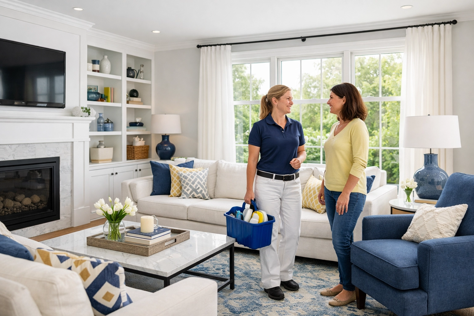 Professional cleaners in Leominster MA consulting with a homeowner in a spotless, modern living room.