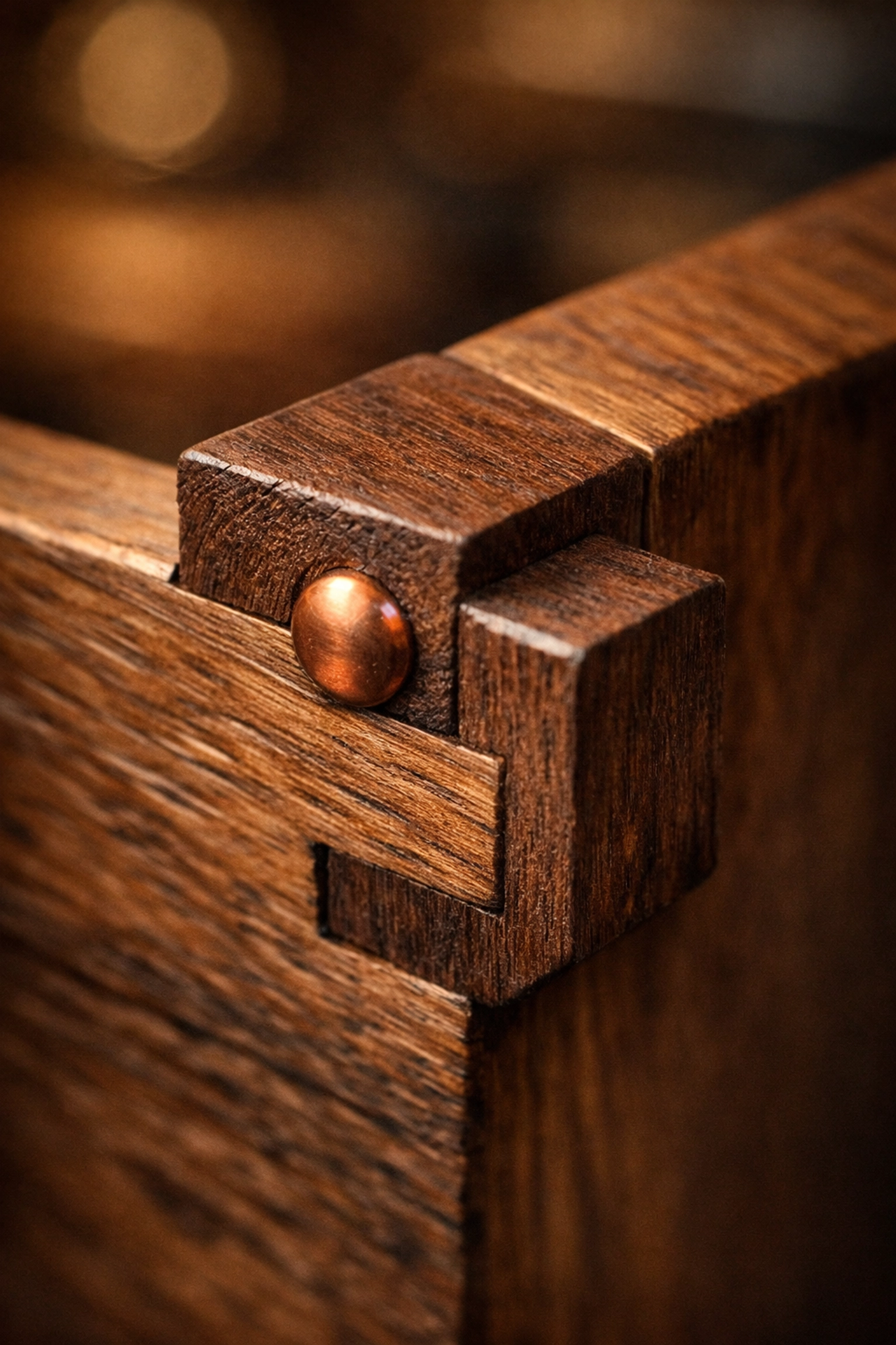 Macro detail of a handcrafted wooden joint showing high-quality artisan craftsmanship.