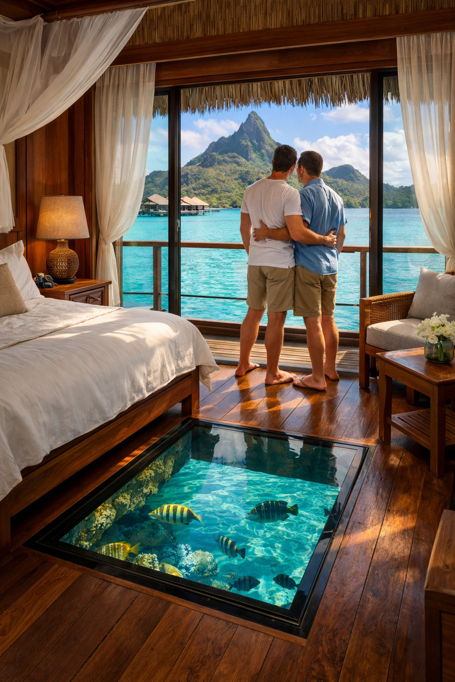 Luxury Bora Bora overwater bungalow interior with glass floor and lagoon views for gay honeymoon
