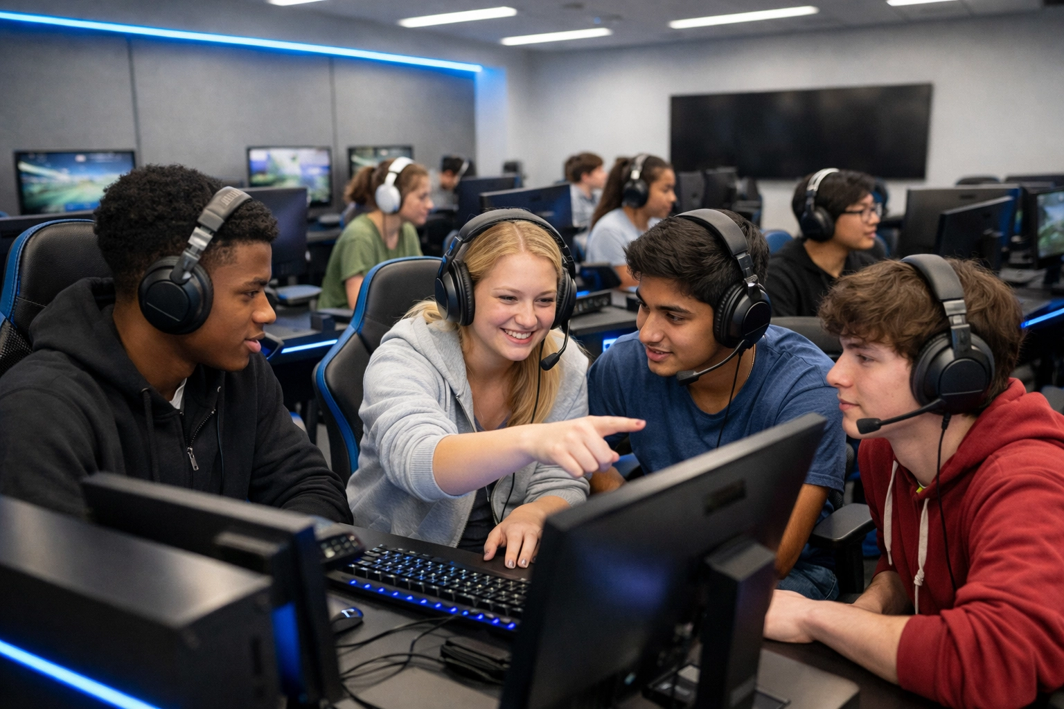 High school students using modern esports workstations for collaborative learning and simulation-based education.