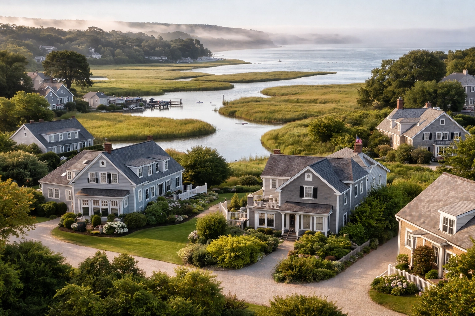 Aerial view of Cape Cod waterfront homes near marshland, illustrating flood risk for homeowners insurance cape cod.