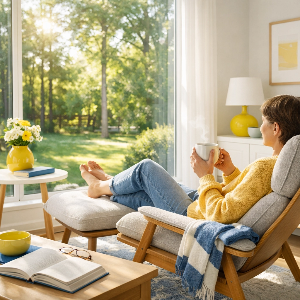 Homeowner relaxing in a tidy Sudbury living room after a weekly professional house cleaning.