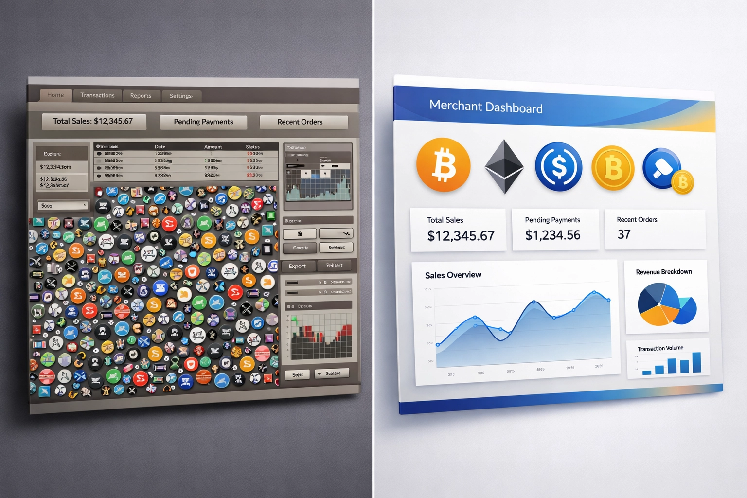 Comparison of cluttered legacy crypto dashboard versus clean modern Larecoin merchant interface