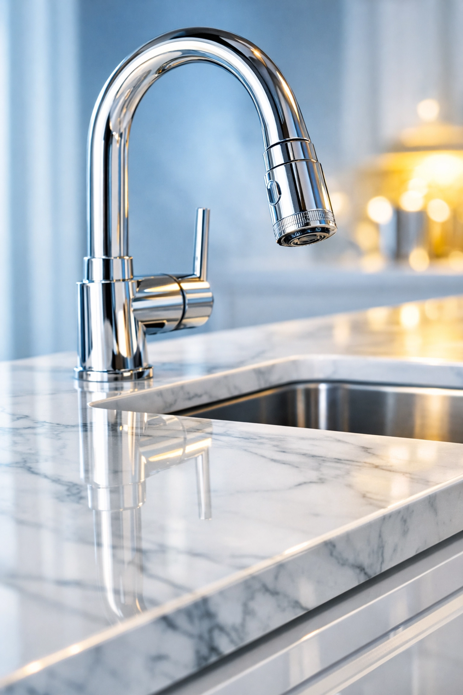 Hygienic and sanitized marble kitchen counter representing a healthy, clean home environment.