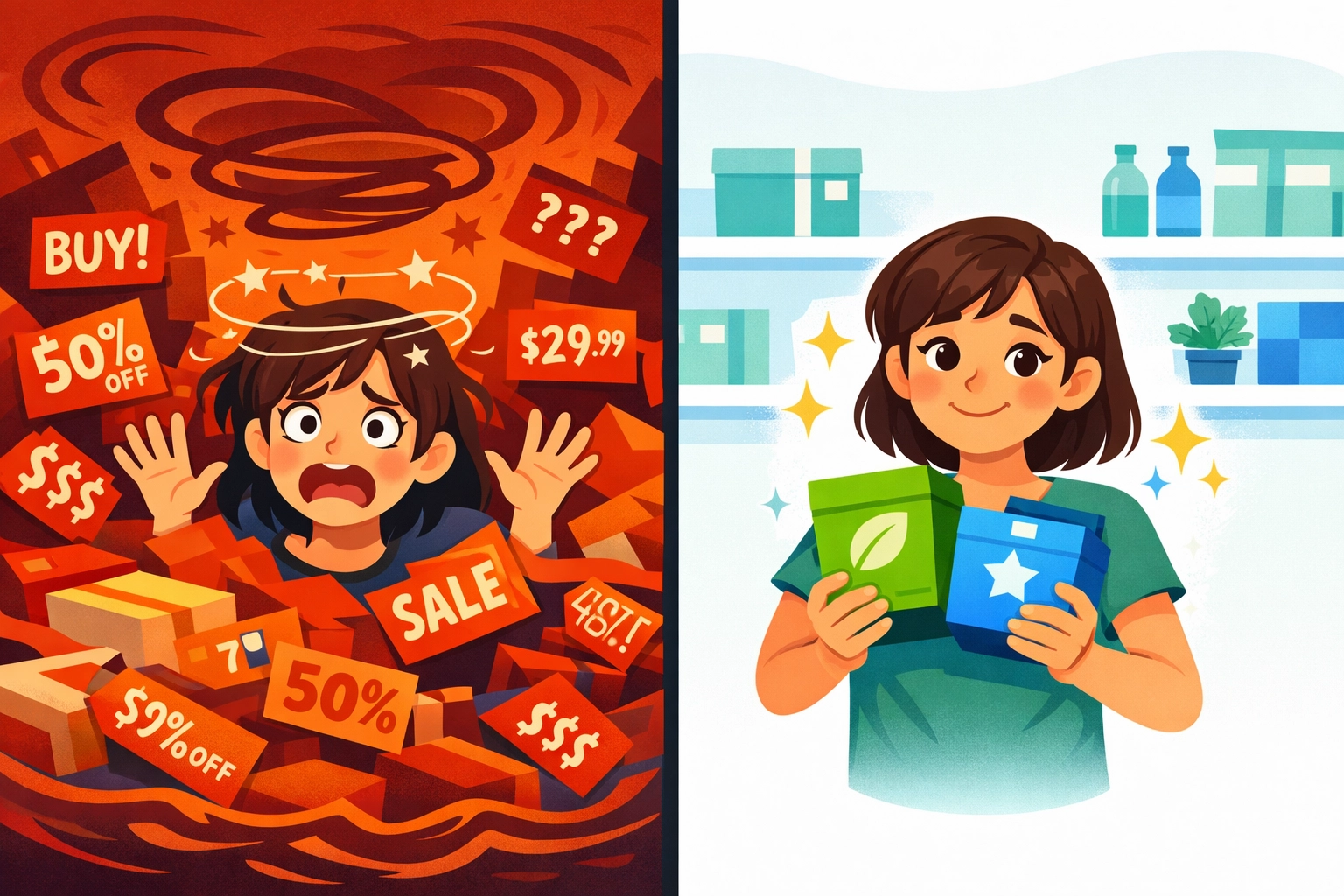 Comparison of chaotic endless scrolling versus organized curated deal shopping experience