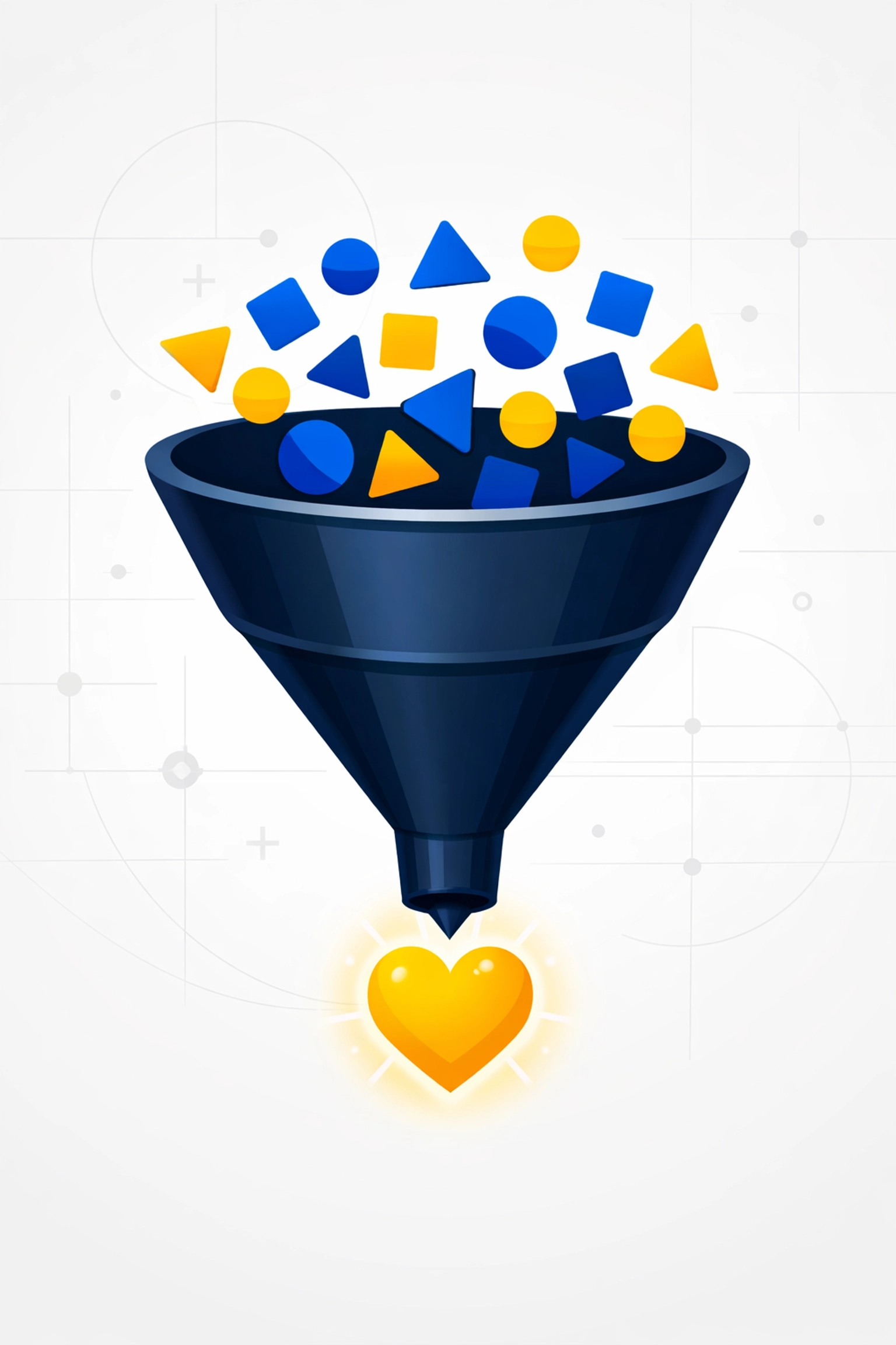 Digital marketing funnel illustration showing data converting into non-profit donor impact and mission success.