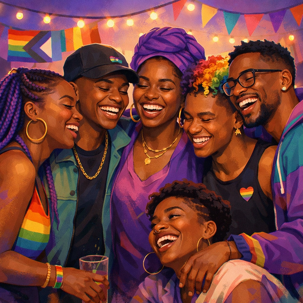 Black LGBTQ+ community members celebrating together at Pride gathering