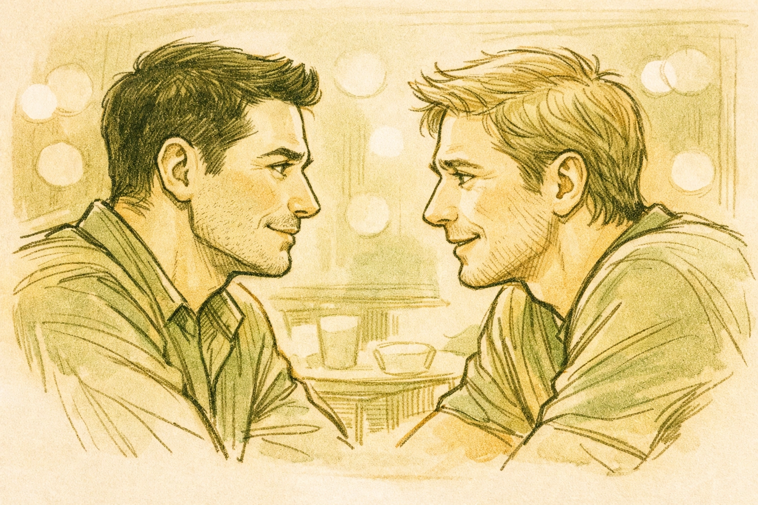Two men in heartfelt conversation in LGBTQ+ romance fiction