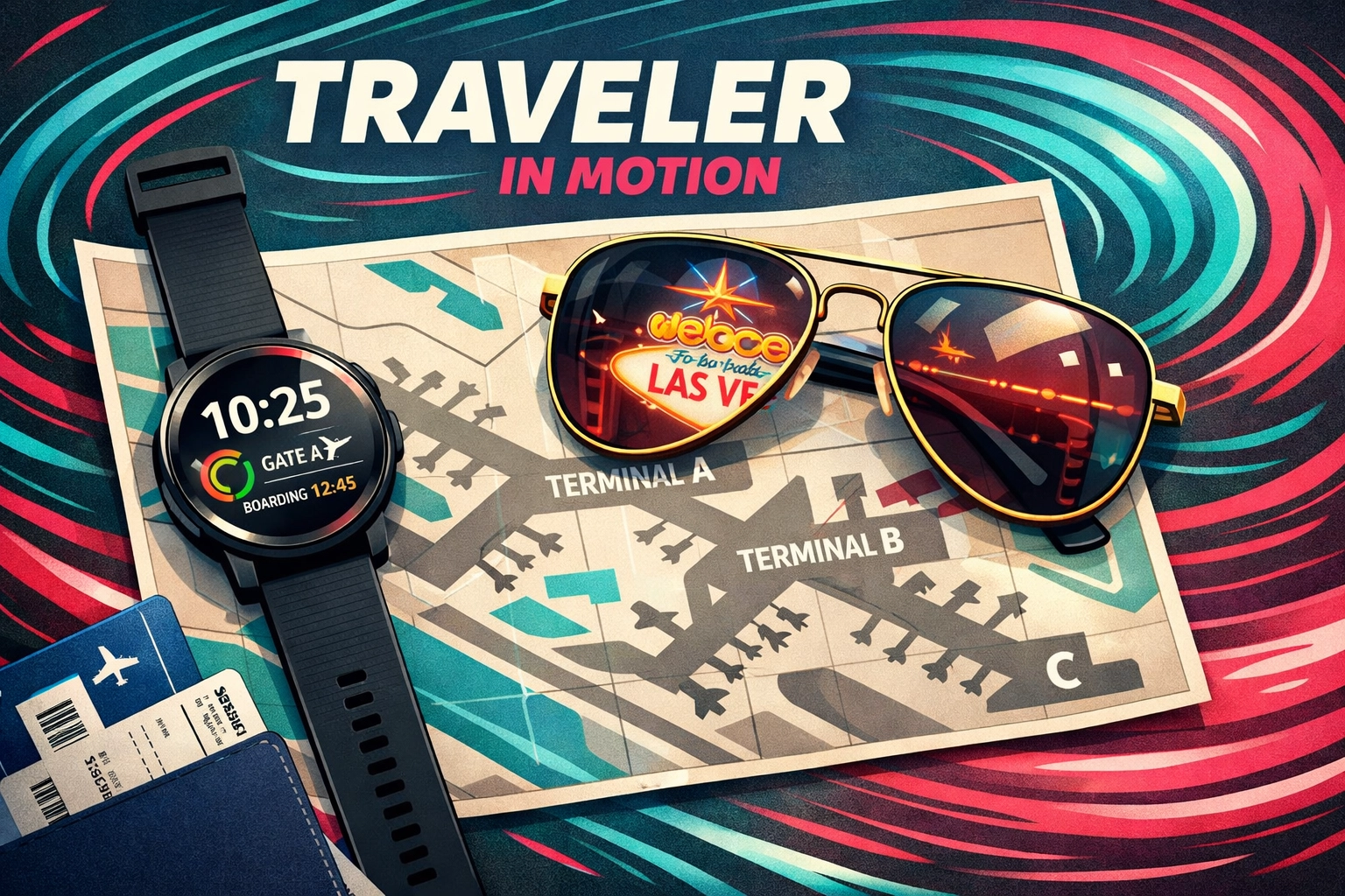 Smartwatch and travel gear highlighting the current time in Las Vegas for tourists.