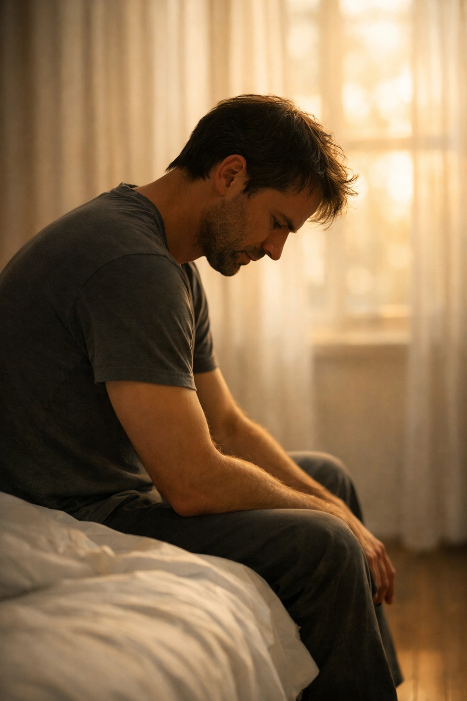 Gondterhelt férfi az ágy szélén ülve a merevedési zavar lelki okai felett merengve.