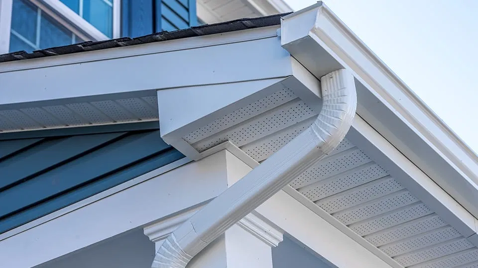 Close-up of a professionally installed seamless gutter system