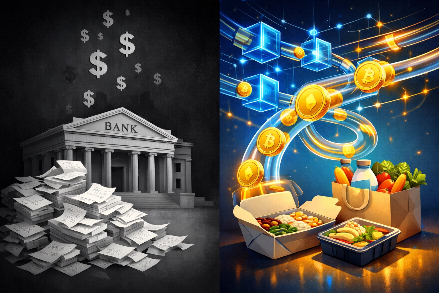 Comparison of traditional payment systems versus blockchain-powered food distribution networks