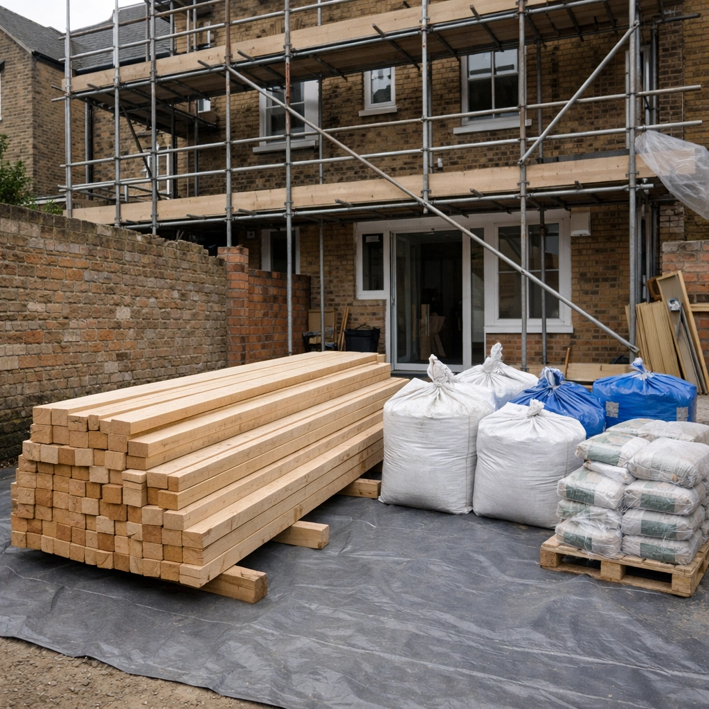 Organized building site in London showcasing professional safety standards for house extensions.