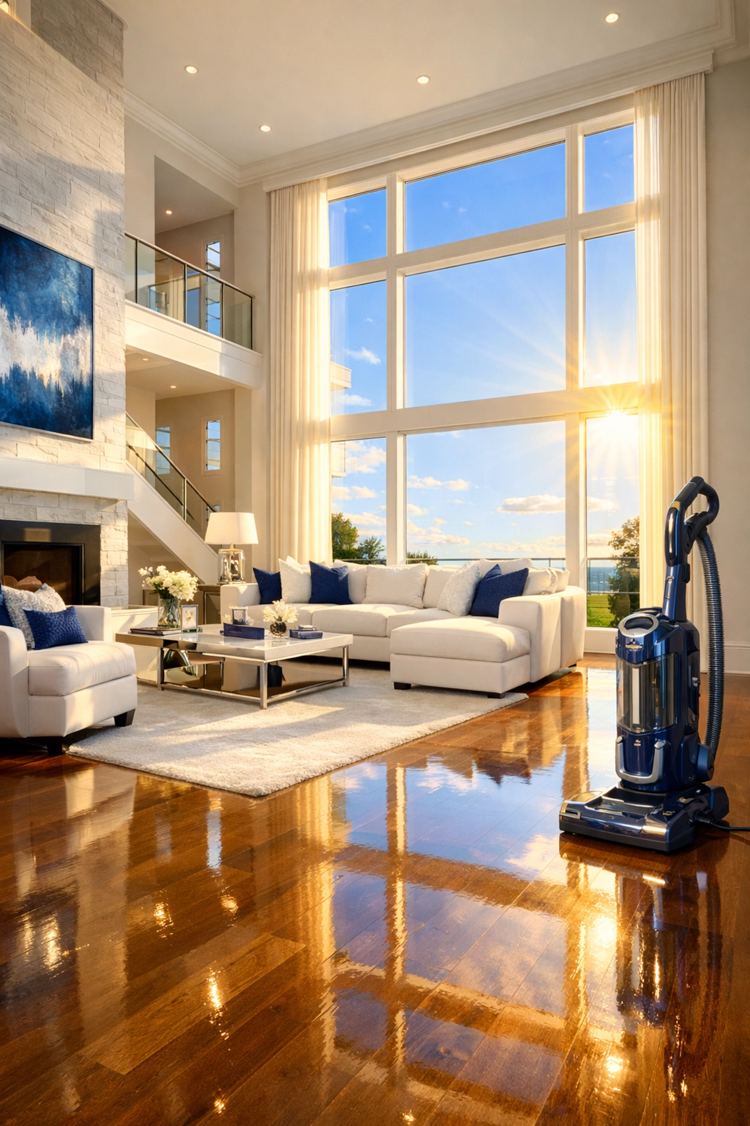 Pristine living room showing the results of deep luxury cleaning in Sudbury with professional HEPA filtration.