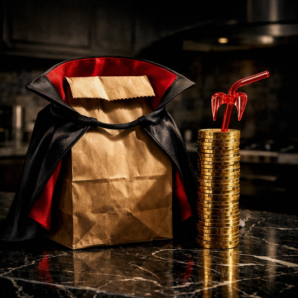 A delivery bag dressed as a vampire draining coins to represent high third-party delivery fees and lost profit margins.