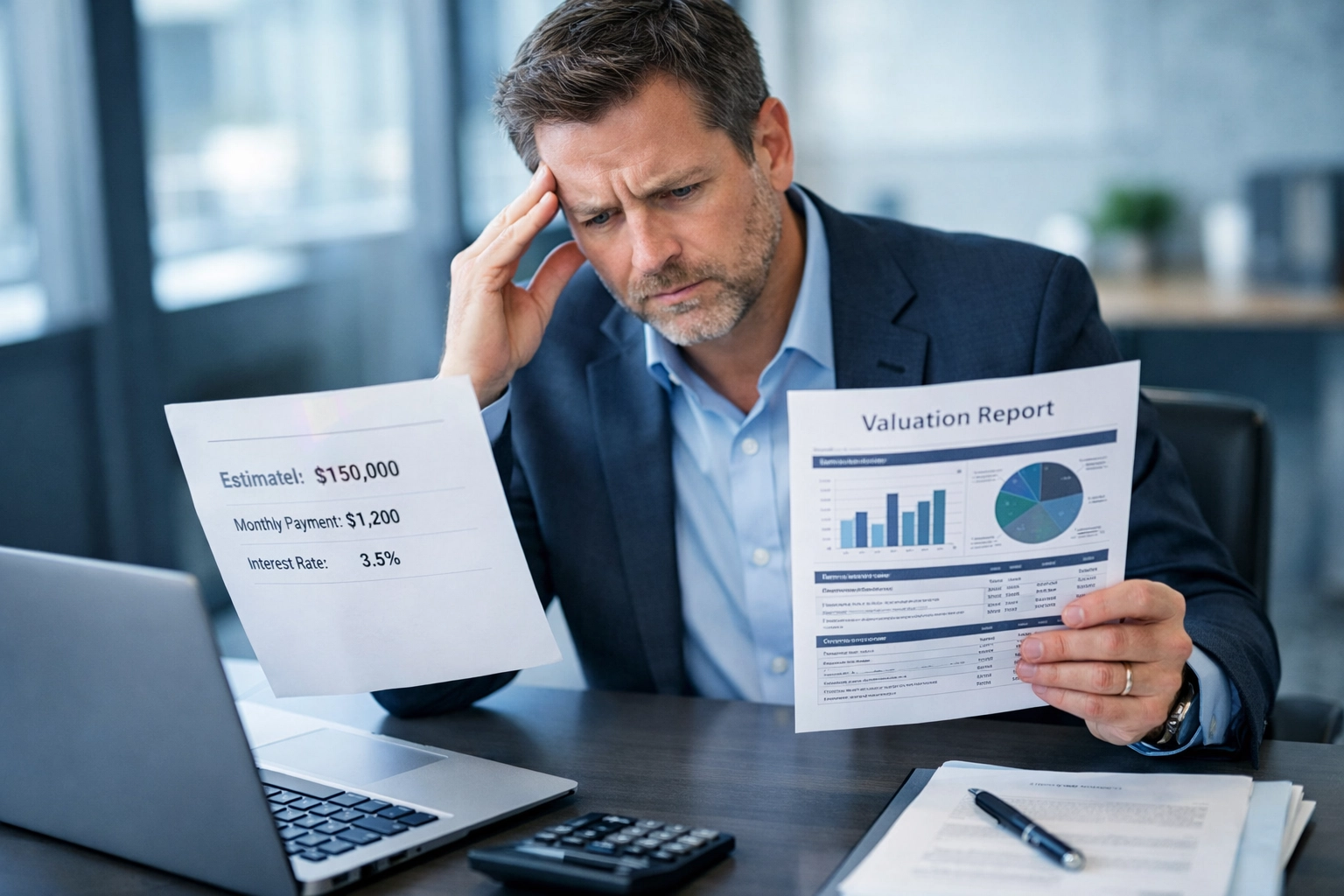 Business owner comparing online calculator results with professional business valuation report