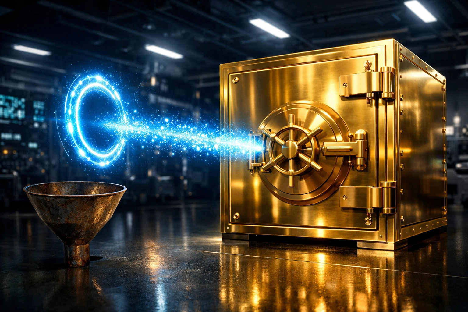 Secure digital vault receiving funds directly, illustrating low merchant fees and 80% cost savings.