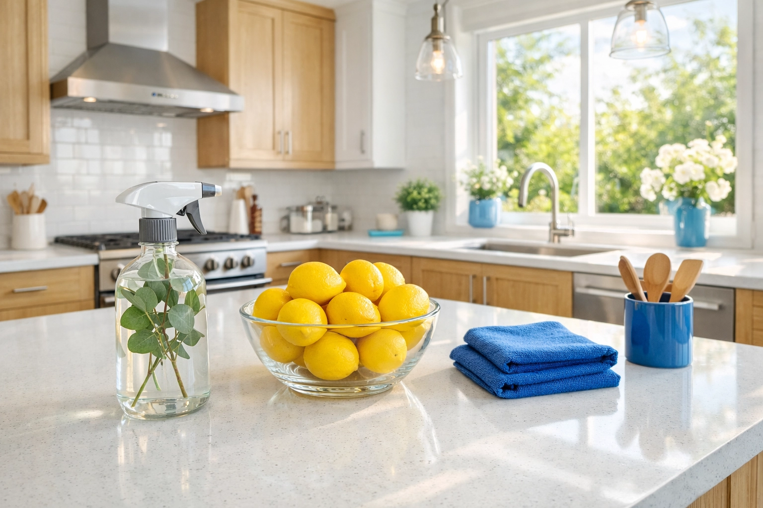 Modern kitchen with white quartz countertops and eco-friendly products for green cleaning services Lowell MA.