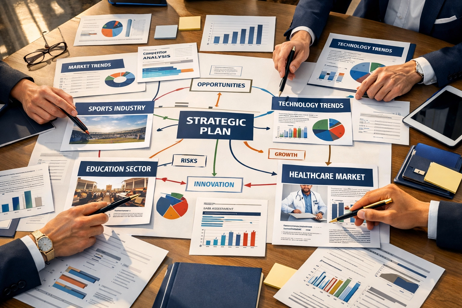 Strategic planning session showing cross-industry media framework with multiple sector connections