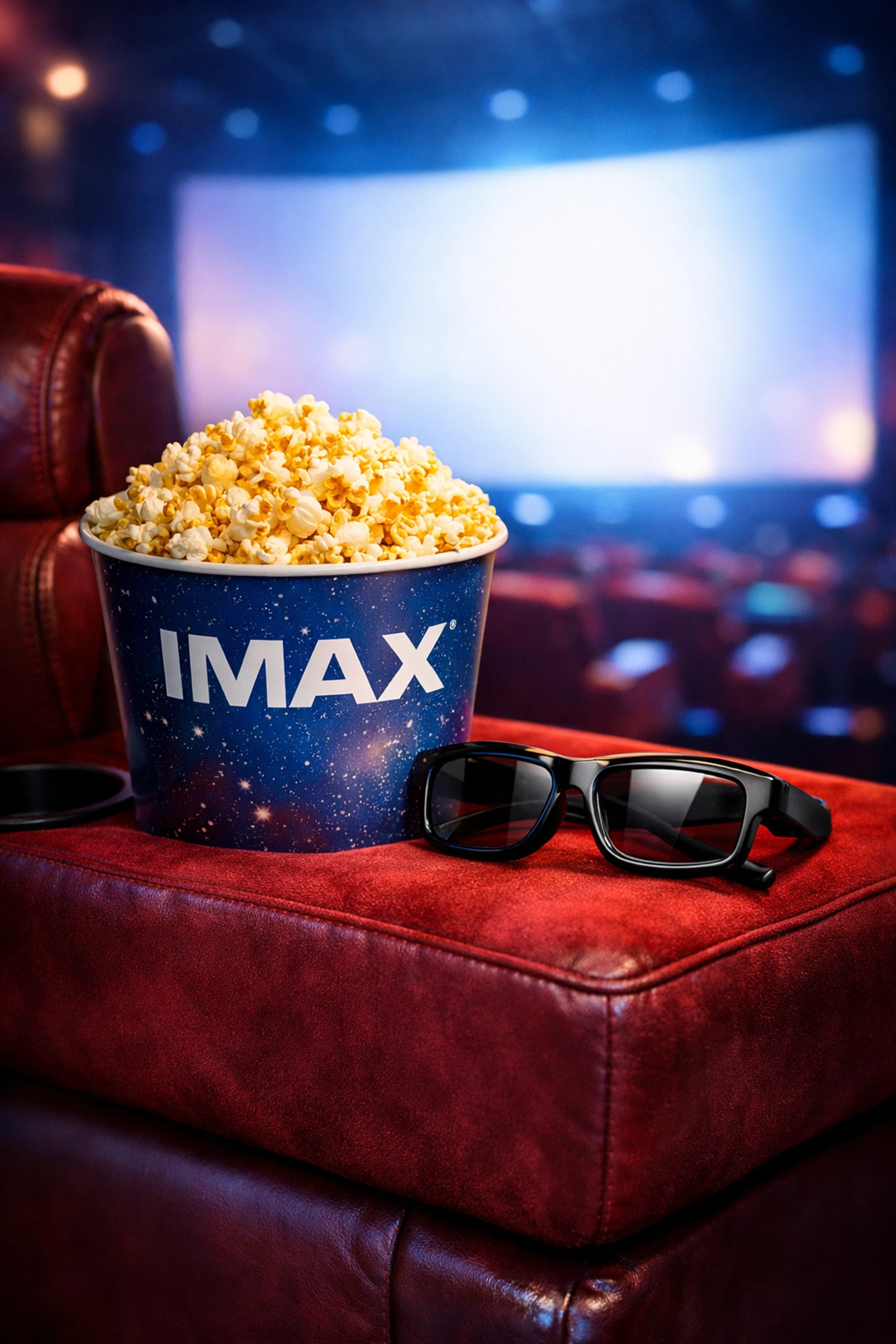 Movie theater seat with popcorn and 3D glasses ready for an IMAX blockbuster premiere.