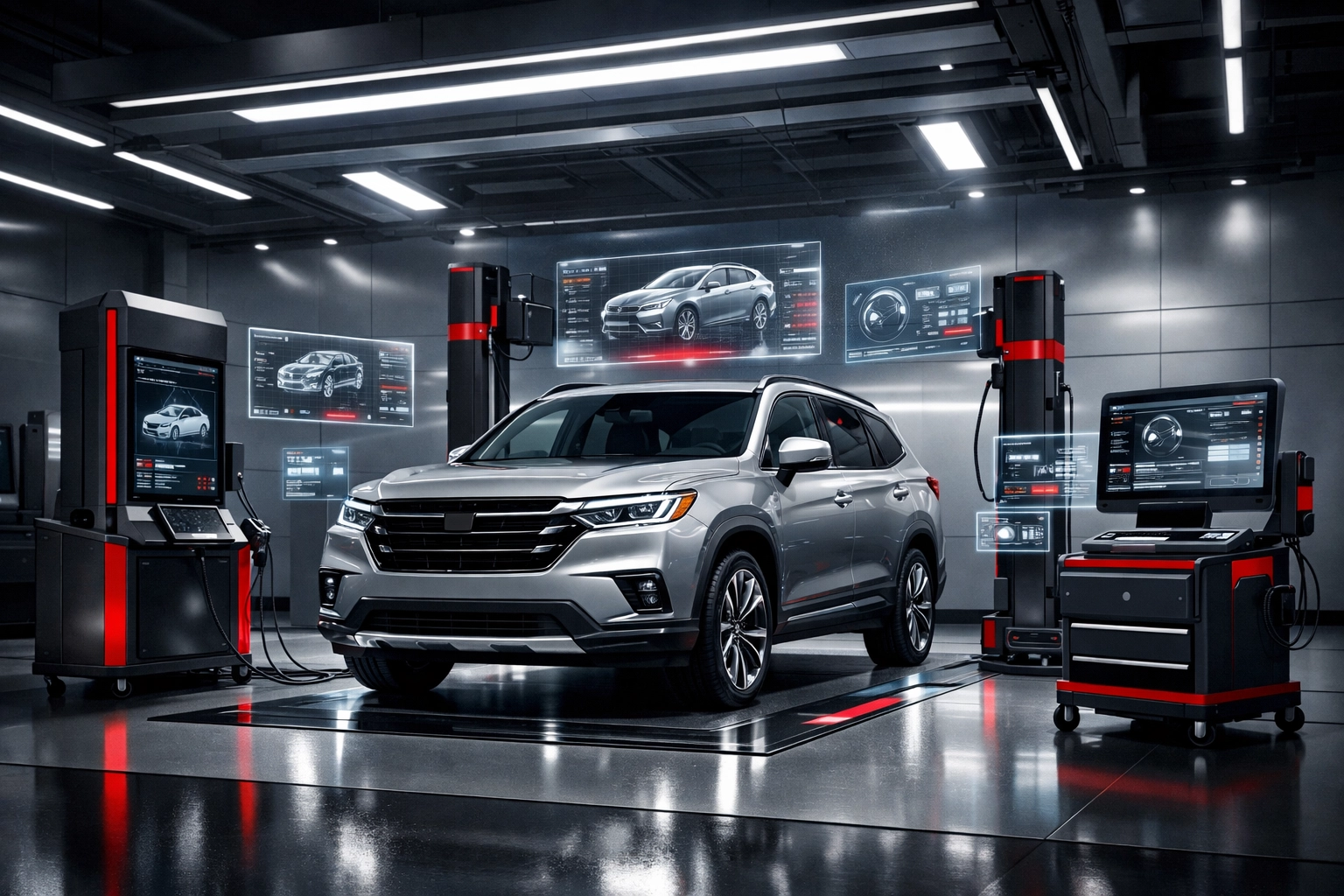 A high-tech dealership service bay organized for efficient vehicle recall repairs and inventory compliance.